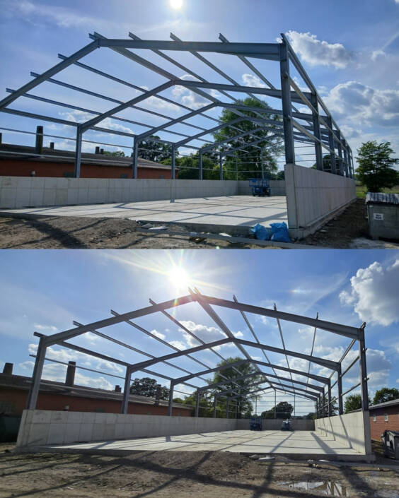 Stahlkonstruktion eines überdachten Fahrsilos während der Bauphase in Steinfurt